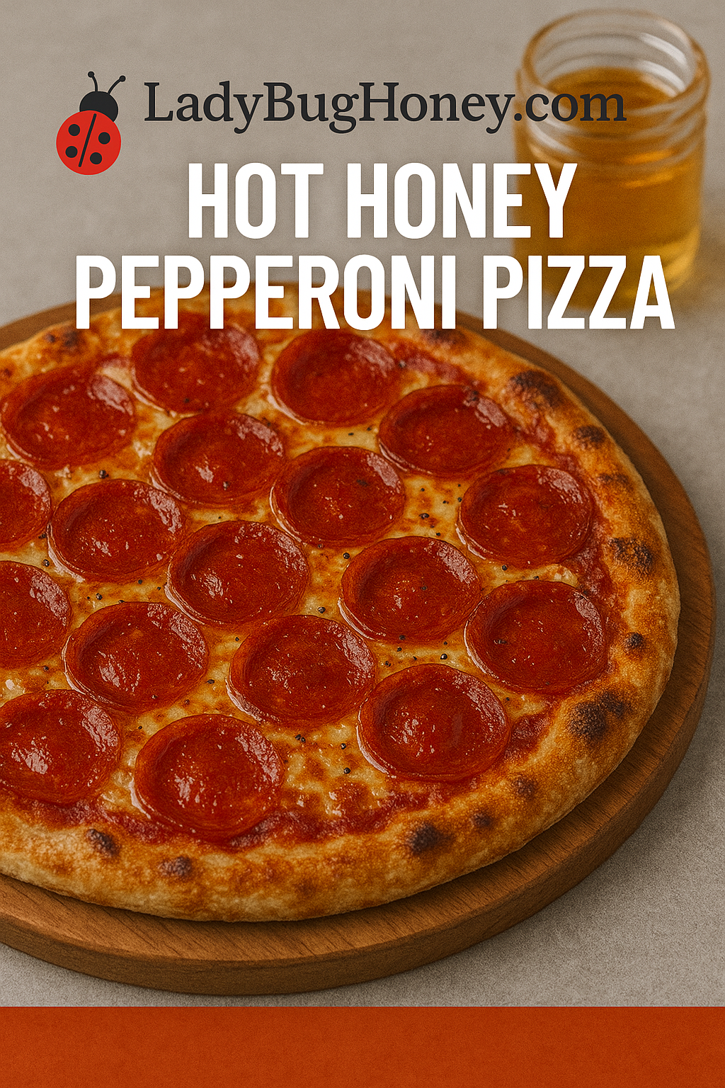 Pepperoni pizza with hot honey drizzle on a wooden board