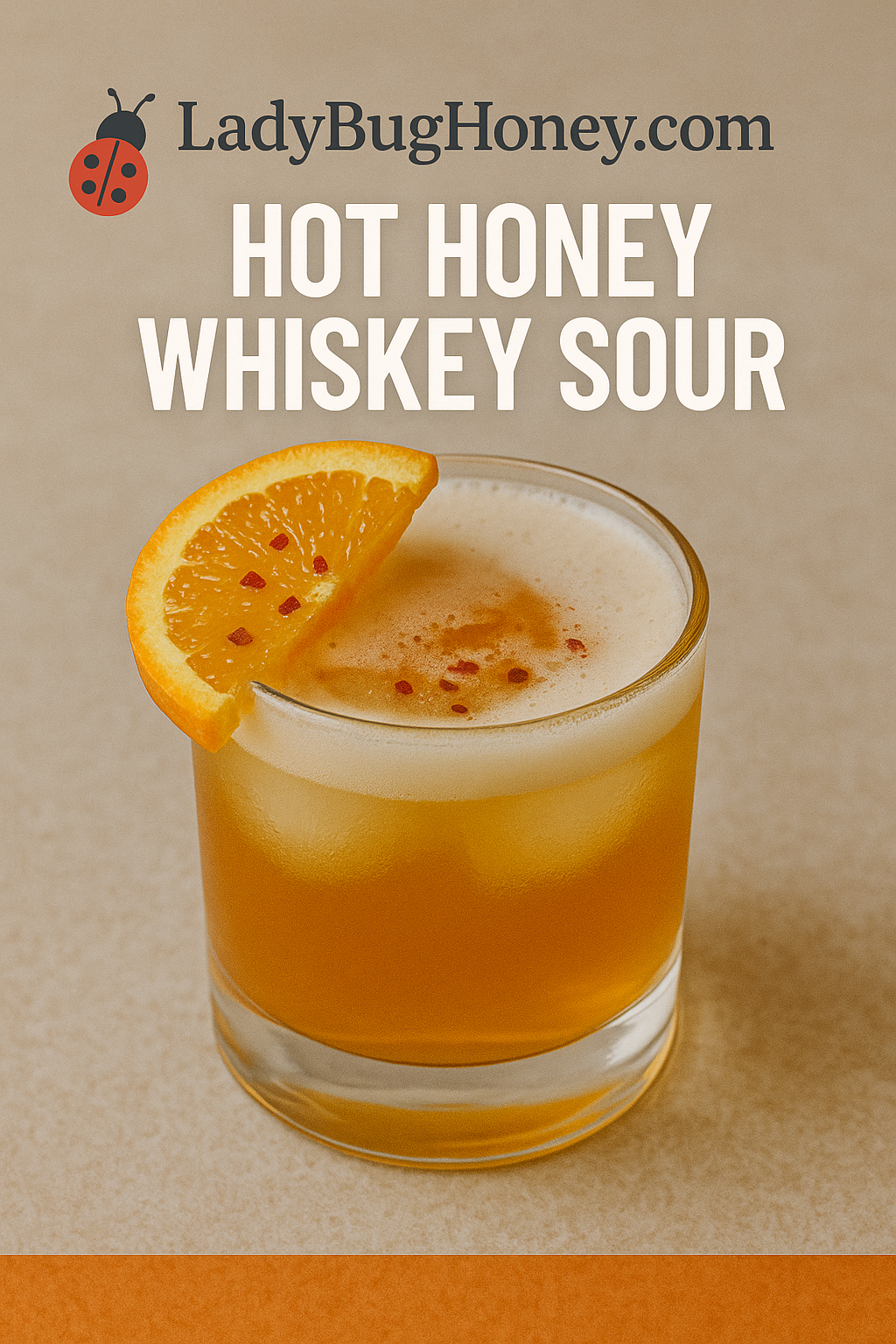 Hot honey whiskey sour with foamy top and orange garnish