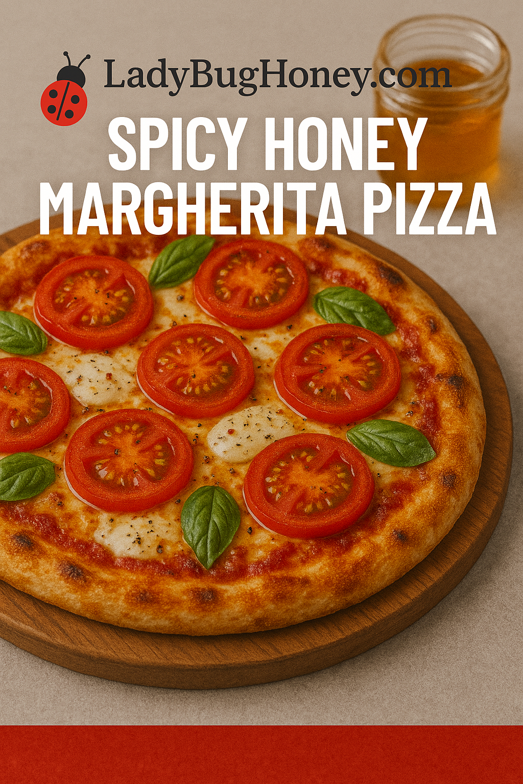 Margherita pizza with tomatoes, basil, and spicy honey