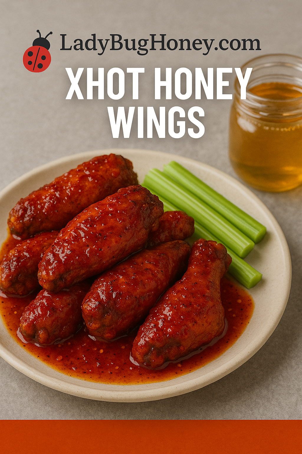 XHOT honey wings with glossy red glaze and celery sticks