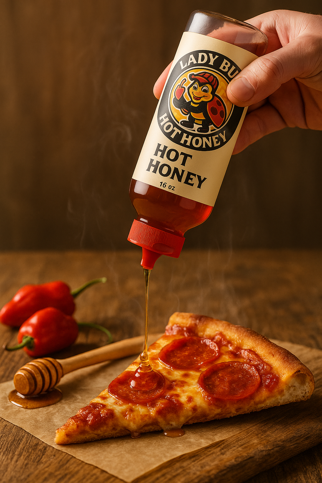 LadyBug Hot Honey bottle with golden honey drizzle