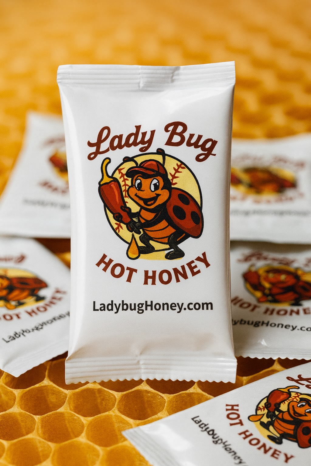 LadyBug Hot Honey banner featuring packets, jars, and bold flavor branding